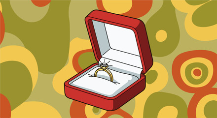 Elegant diamond ring in open ring box with classic design. Diamond ring represents love and commitment, set in bright red box, perfect for wedding engagement and proposal.