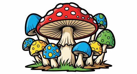 Mushroom illustration displays whimsical fungi with colorful caps on bright white backdrop. Mushroom illustration shows collection of fantasy toadstools with spots and playful colors,