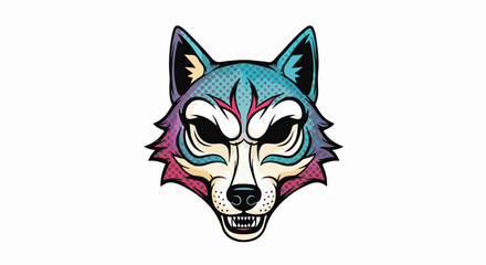 Unique animal illustration of ferocious wolf face with sharp teeth and a colorful mask. Ferocious wild animal illustration featuring geometric designs and symmetrical arrangement is eye catching.