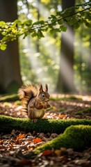 Fototapeta premium A red squirrel, perched amidst mossy forest floor, enjoys a nut in sunlit woodland.