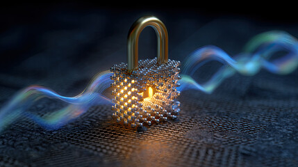 Close-up of a Glowing Lattice Lock Representing Quantum Cryptography