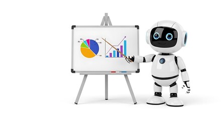 Robot presenting a financial chart isolated on white background