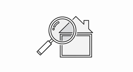 Property search with magnifying glass over house outline. Property search includes finding right place, evaluating condition, and verifying legal ownership.
