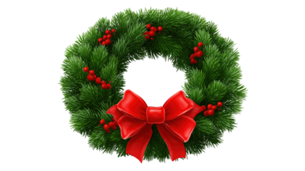 Wreath with red ribbon and green leaves isolated on transparent background