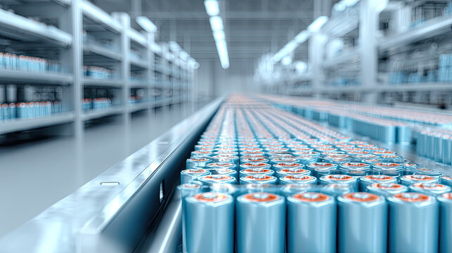 Rows of Cylindrical Battery Cells on an Automated Production Line