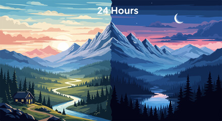 Day and night landscape showcasing mountains and forest in contrasting light and shadow, picturesque day and night landscape illustration. Mountain range details bring day and night landscape to life,
