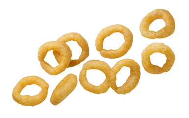 Corn rings flying on a white background. Isolated