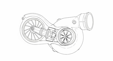 Turbocharger diagram displays engine turbocharger system technical drawing, an essential vehicle component. Detailed turbocharger visual shows turbine workings,