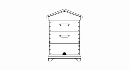 Simple beehive illustration, showing stacked boxes, entrance, and roof isolated on white. Beehive design provides shelter for honey bees and honeycomb production.