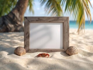 Mock up with seashell and crab, summer holiday concept, sand texture, beach decoration, tropical background