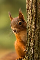Obraz premium A red squirrel peeks out from behind a tree trunk, looking directly at the viewer.