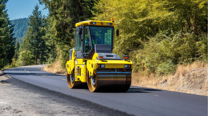 Yellow road roller compacting asphalt on a winding rural forest road.