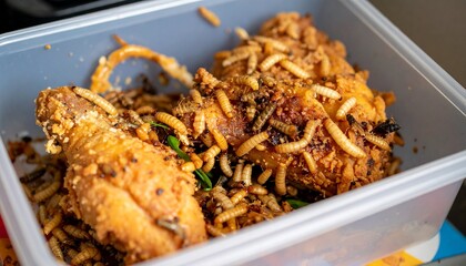 Fried chicken with worms in a plastic container, showcasing unconventional cuisine, entomophagy, insect protein, and alternative food sources for sustainability.