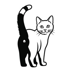 Playful Cat Tail: A cute cat with its tail held high, a striking monochrome composition showcasing the feline's playful side. The scene exudes a sense of joy and mischief.