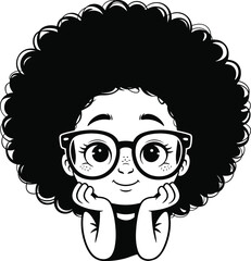 Cute afro girl with big glasses, curly hair, smiling face, freckles, cartoon child character, happy expression, black and white vector.