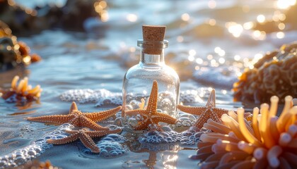 A weathered sea glass bottle in a vibrant tide pool, under dappled sunlight.