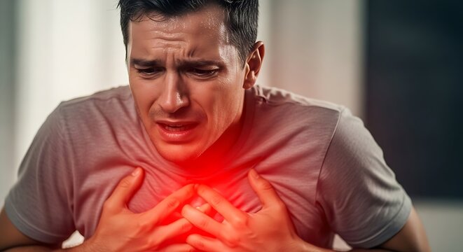 A man clutches his chest in pain, with a red glow indicating discomfort or a medical issue. - Powered by Adobe