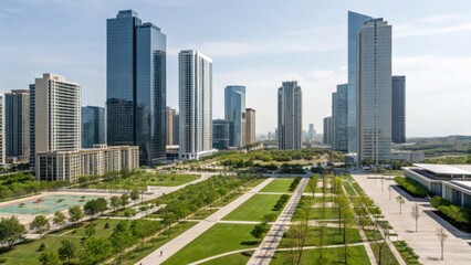 Fototapeta premium A panoramic view of a modern urban landscape featuring tall skyscrapers amidst green parks and open spaces under a clear blue sky.