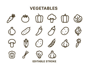 Set of editable stroke vegetable icons - carrot, tomato, broccoli, onion, pepper, corn