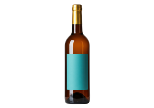 Isolated glass bottle with colored label and golden neck, drink packaging, product display