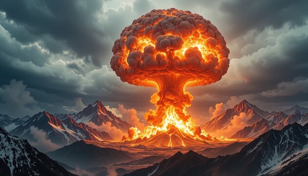 Dramatic nuclear explosion over mountain range creating an ominous, powerful landscape scene - Powered by Adobe