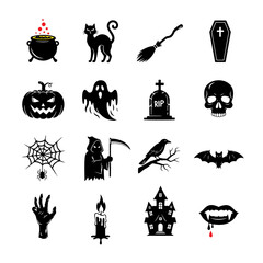 Spooky halloween icons featuring a cauldron a black cat a broomstick and a coffin perfect for festive decor