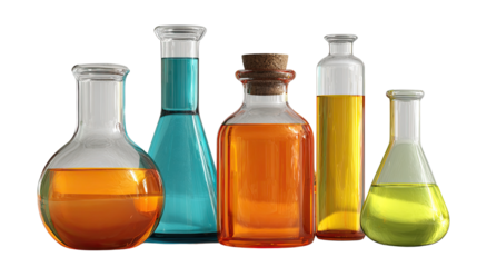 3d render of laboratory glassware with chemical liquid on white background
