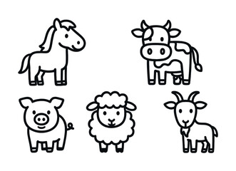 Cute farm animals outline: horse, cow, pig, sheep, goat cartoon illustration