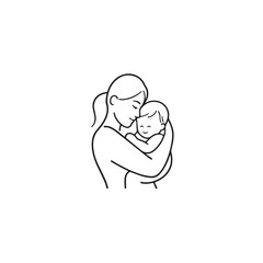 Black and white line art of a beautiful mother lovingly embracing her baby minimalist tender illustration