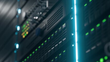 Glowing Blue Lights Illuminate Black Server Racks in a Dark Server Room - Powered by Adobe