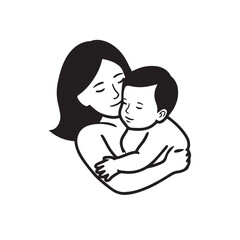 Black and white line art of a beautiful mother lovingly embracing her baby minimalist tender illustration