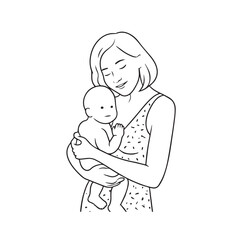 Black and white line art of a beautiful mother lovingly embracing her baby minimalist tender illustration