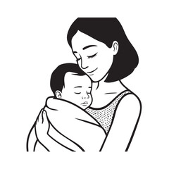 Black and white line art of a beautiful mother lovingly embracing her baby minimalist tender illustration