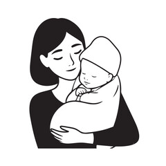 Black and white line art of a beautiful mother lovingly embracing her baby minimalist tender illustration