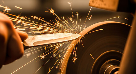 Precision sharpening of a metal knife blade on a grinding wheel, generating a brilliant shower of fiery sparks