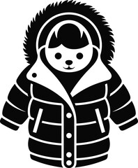 Cute child in winter parka illustration, animal face design, furry hood jacket vector, cartoon warm clothing for cold season.
