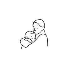 Black and white line art of a beautiful mother lovingly embracing her baby minimalist tender illustration
