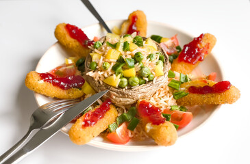 Mushroom Filled with Basmati Rice, Green Peas, Bell Yellow Pepper, Tomatoes, Mozzarella Cheese Sticks and Cranberry Sauce on White Plate 