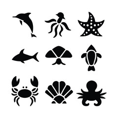 Collection of diverse marine animal silhouettes for aquatic themed designs and ocean life illustrations