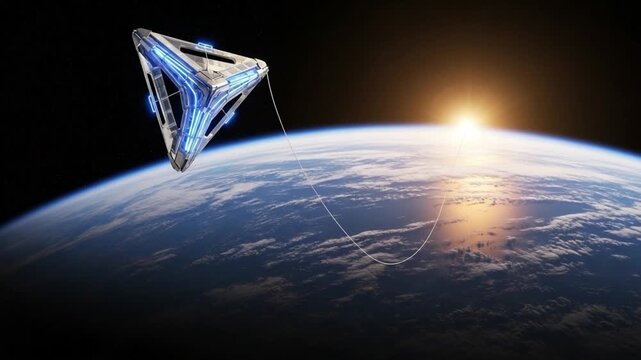 Futuristic triangular structure tethered above earth with sunrise in the background view from space