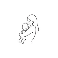 Black and white line art of a beautiful mother lovingly embracing her baby minimalist tender illustration