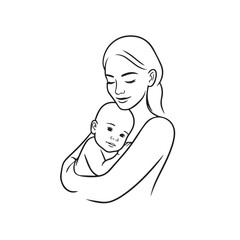 Black and white line art of a beautiful mother lovingly embracing her baby minimalist tender illustration