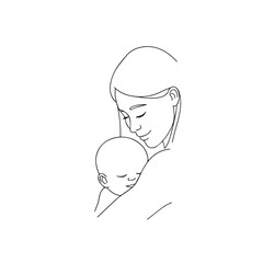 Black and white line art of a beautiful mother lovingly embracing her baby minimalist tender illustration