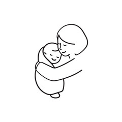 Black and white line art of a beautiful mother lovingly embracing her baby minimalist tender illustration