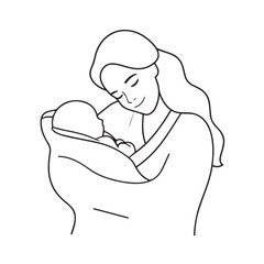 Black and white line art of a beautiful mother lovingly embracing her baby minimalist tender illustration
