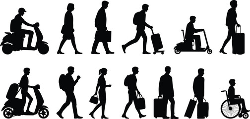 Silhouette collection of twelve travel and mobility figures, vector illustration for transportation design, tourism projects, accessibility concepts, and educational graphics