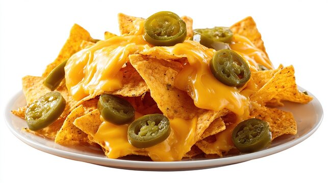 Plate of nachos covered in melted cheese and jalapenos on a white background