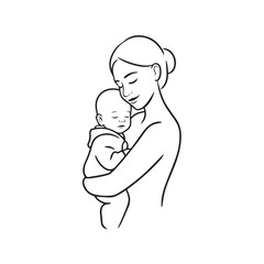 Black and white line art of a beautiful mother lovingly embracing her baby minimalist tender illustration