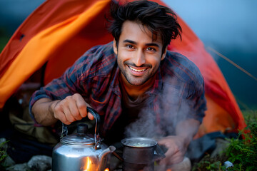 Indian Man  Enjoying Camping Under Beautiful Sky, Preparing Tea Outdoor Experience, Adventure, and Travel