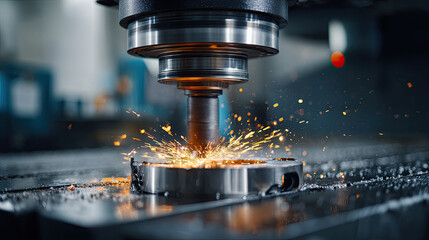 Sparks flying from a CNC machine as it precision cuts a metal component.